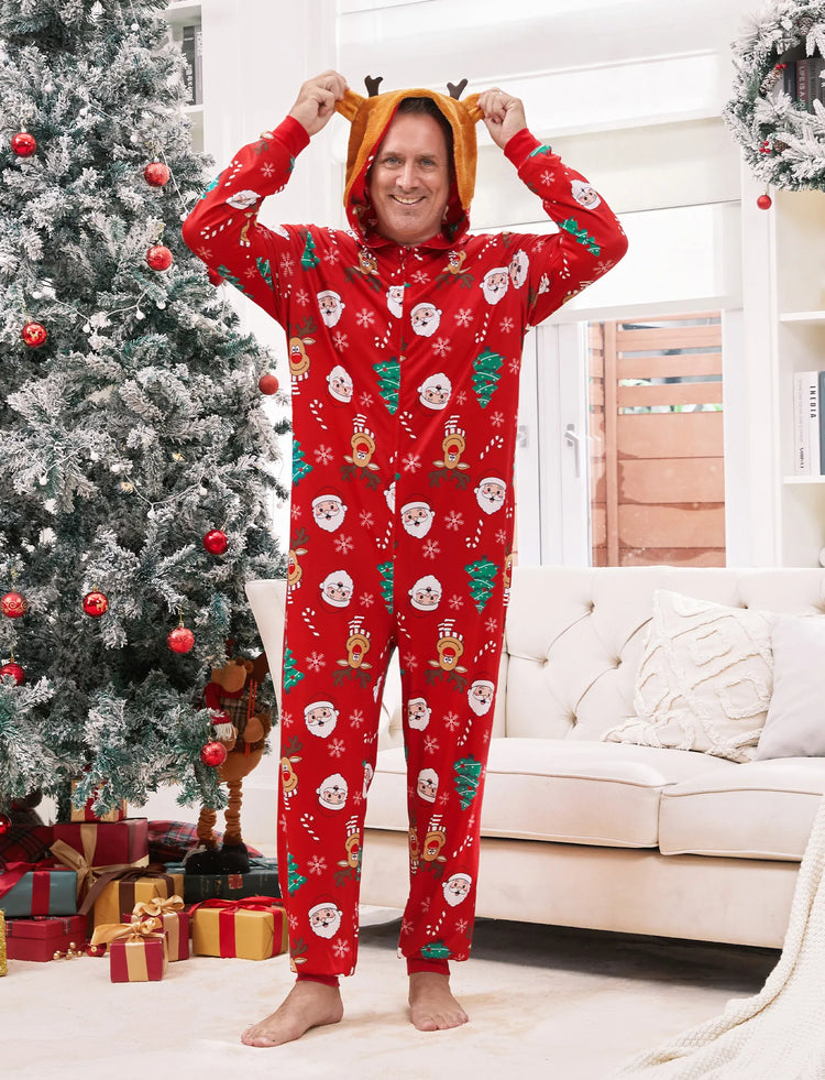 Christmas Family Pajamas Sets 3D Reindeer Hooded Allover Print Onesies Pajamas Red-2