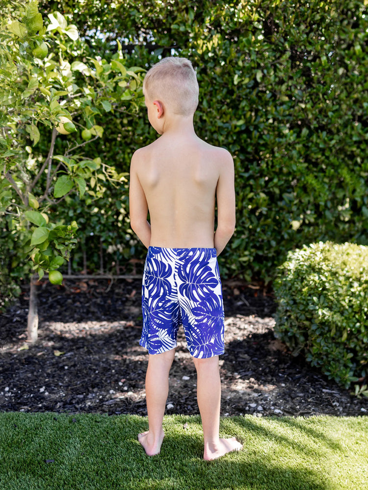 Family Matching Tropical Leaf Print Swim Trunks or Hollow-out Crisscross Straps One-piece Swimsuit Blue