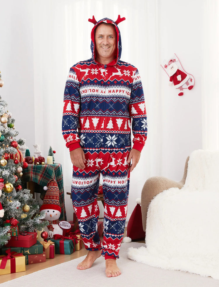 Christmas Matching Family Pajamas Set 3D Reindeer Hooded Allover Snowflake Print Red and Blue Onesie PJS with Christmas Socks Red-2