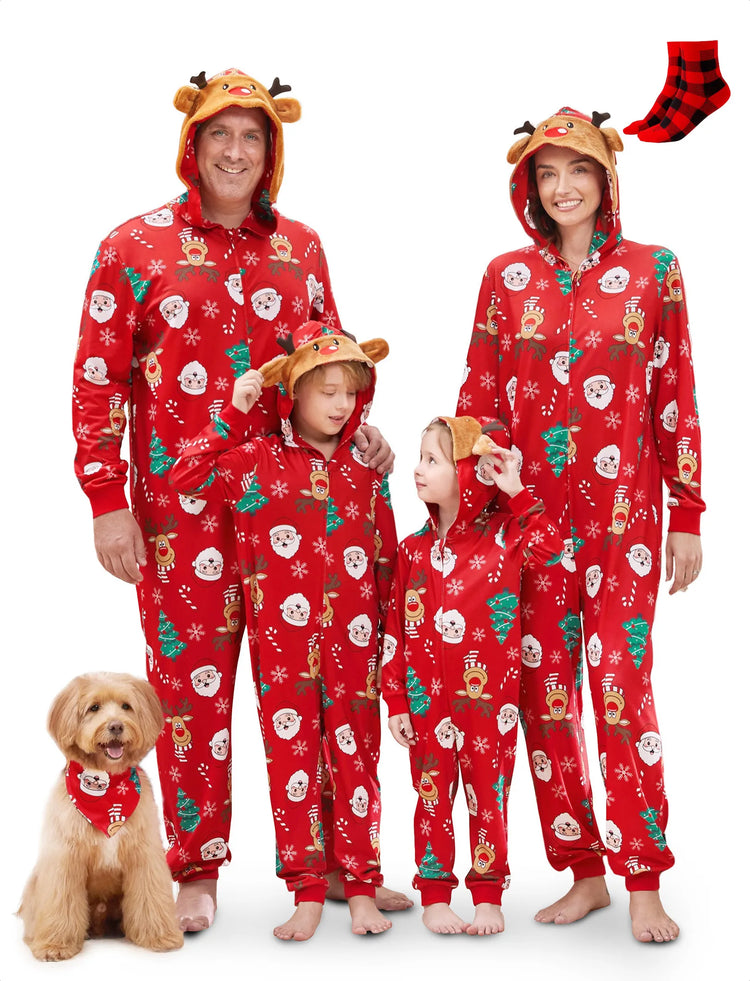 Christmas Family Pajamas Sets 3D Reindeer Hooded Allover Print Onesies Pajamas Red-2
