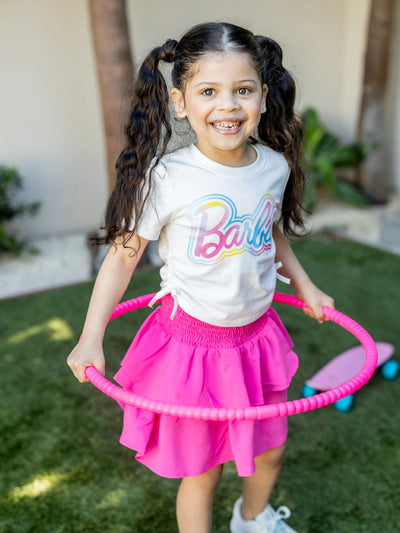 Ensemble Barbie pour petite fille, 2 pièces, haut à manches courtes et jupe à smocks en coton avec cordon de serrage, blanc