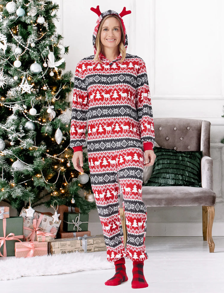 Christmas Matching Family Pajamas Set 3D Reindeer Hooded Allover Snowflake Print Onesie PJS with Christmas Socks red/black