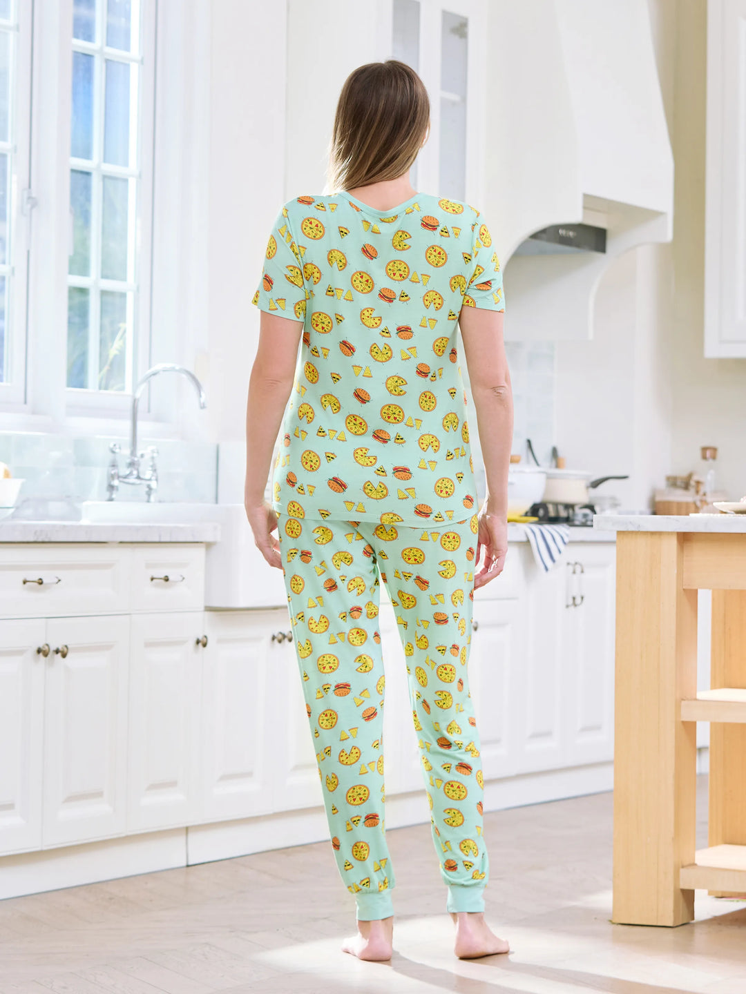 Pijama familiar de bambú verde menta con estampado de dibujos animados de comida, manga corta y pantalones largos, conjunto de pijama a juego (ajuste ceñido para niños), azul claro