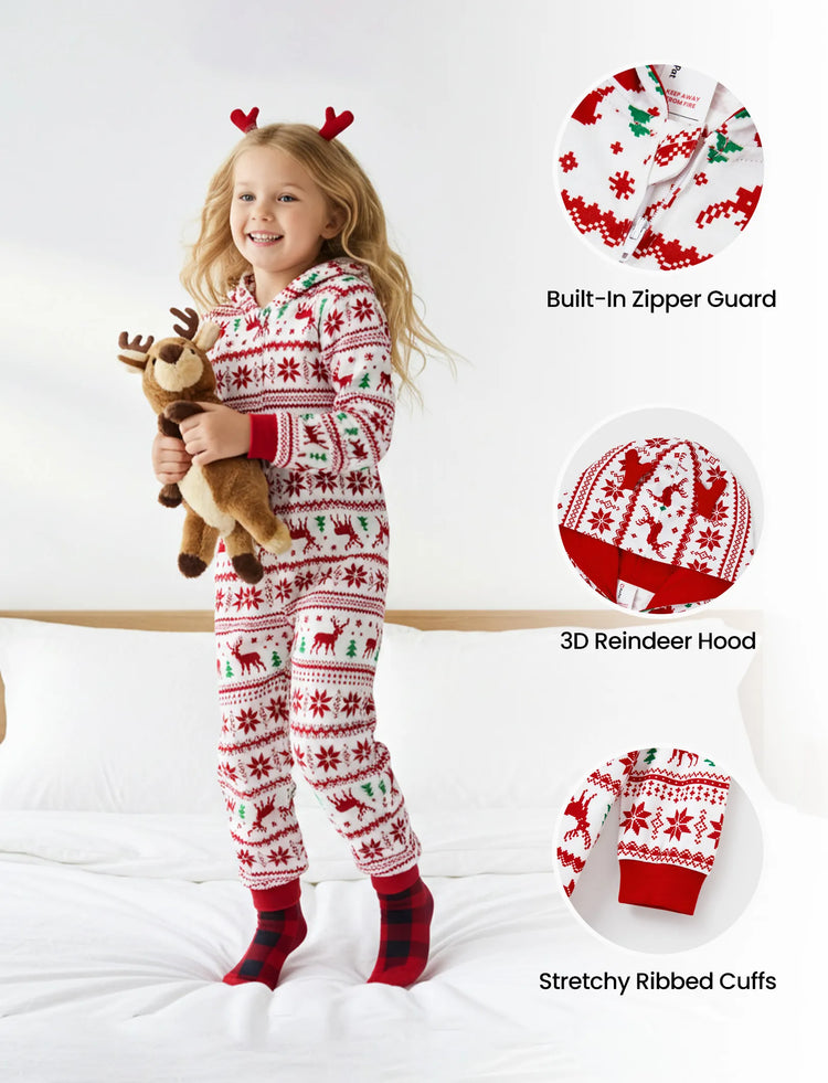 Christmas Matching Family Pajamas Set 3D Reindeer Hooded Allover Snowflake and Reindeer Print Red and White Onesie PJS with Christmas Socks Red+White