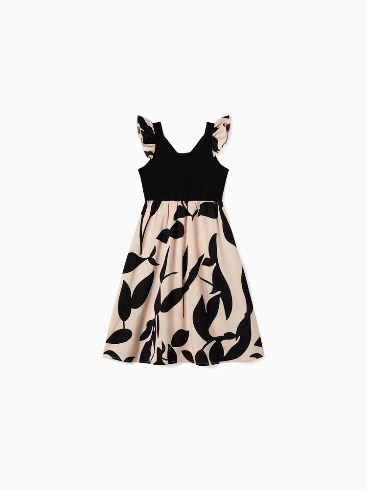 Mommy & me Cross Back Floral Strap Dress and Colorblock Top Sets Black