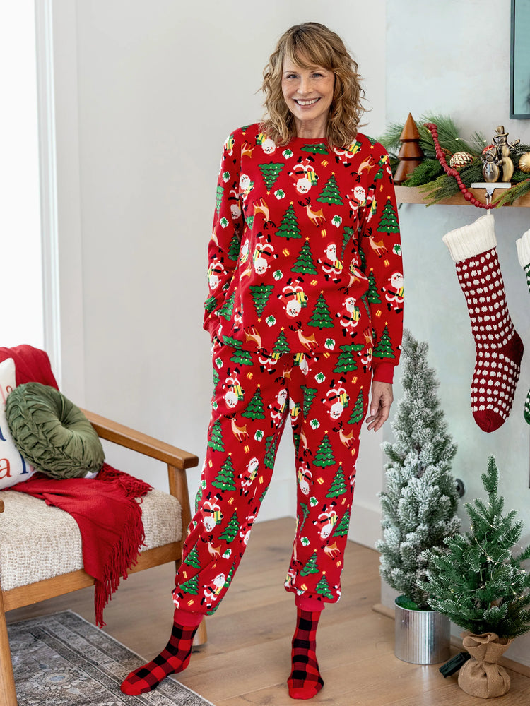 Weihnachten Passendes Familienpyjama-Set Weihnachtsmann und Weihnachtsbaum Print Rot PJS mit Weihnachtssocken rot