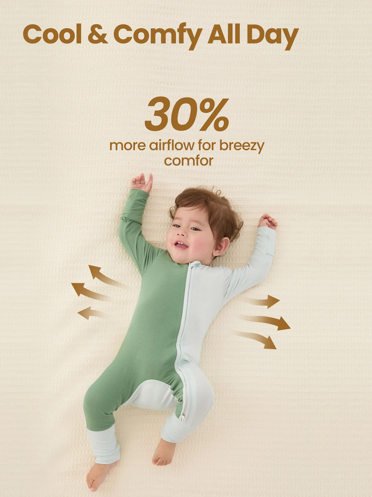 Bamboo Baby Boy / Girl Color Block 2-Way Zipper Anti Slip Long Sleeve Rompers Green