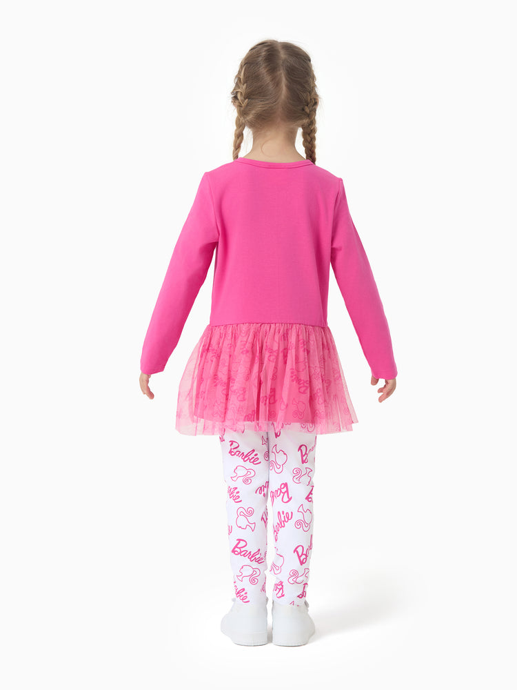 Ensemble 2 pièces Barbie pour petite fille, haut à manches longues en crêpe de coton et pantalon imprimé, rose vif