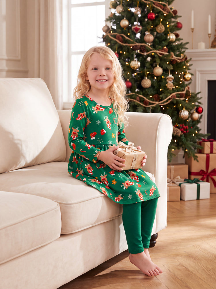 Christmas Toddler Girl Long Sleeve Dress & Leggings Set Green