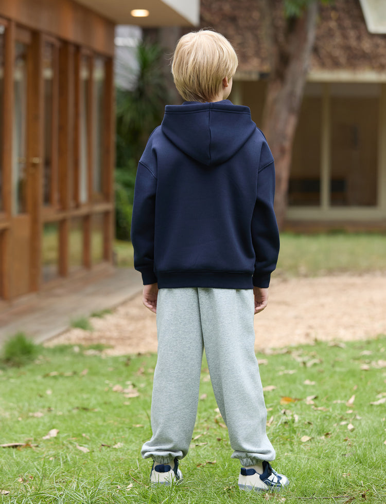 Boys and Girl Solid Color Thermal Hoodie with Far Infrared Heat-Retaining Fabric Dark Blue
