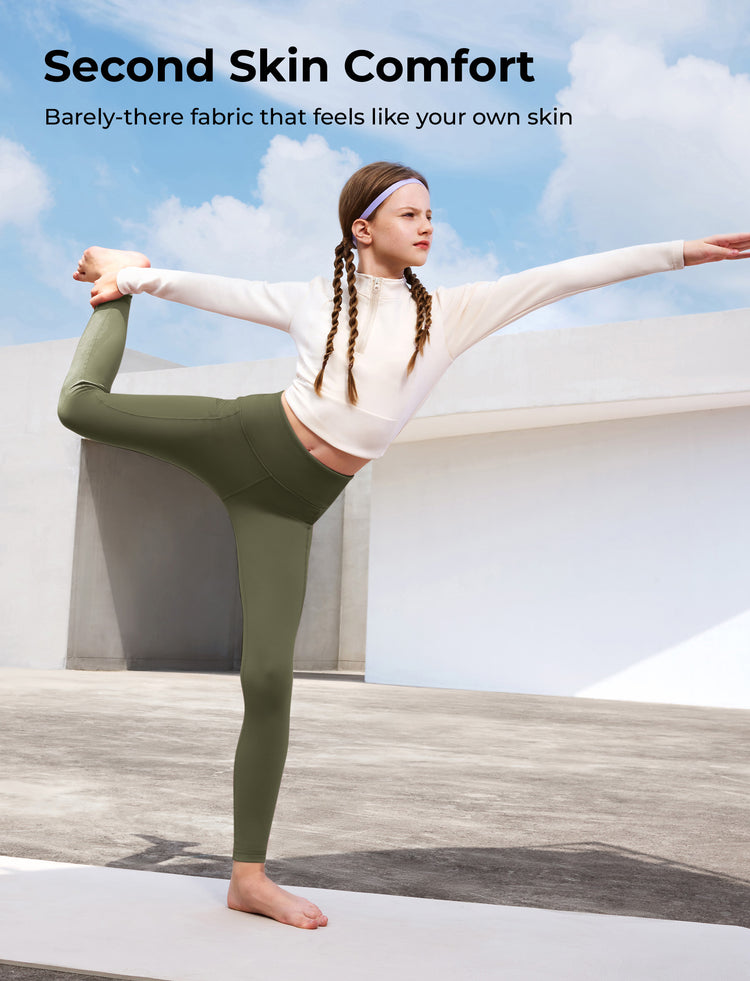 Girl's Leggings High-Waist Yoga Pants Solid Color Leggings with Complimentary Matching Scrunchie Army green