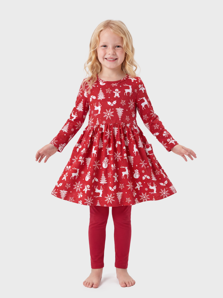 Christmas Toddler Girl Long Sleeve Dress & Leggings Set Red