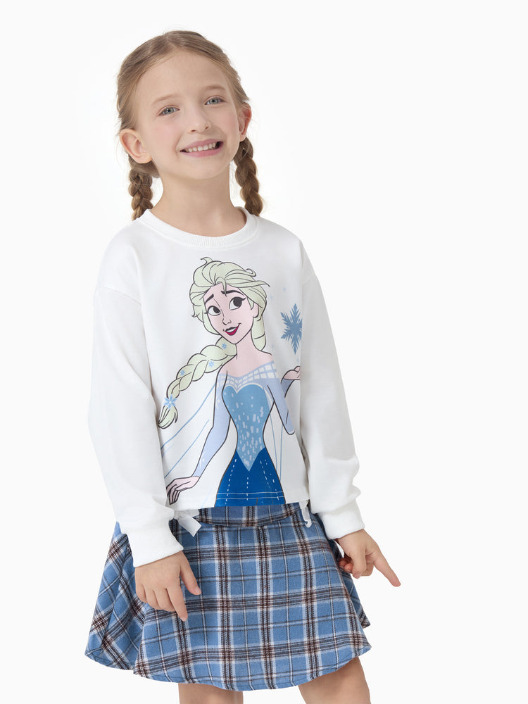 Ensemble 2 pièces Disney La Reine des Neiges pour petite fille, imprimé écossais Elsa et jupe à nœuds, blanc