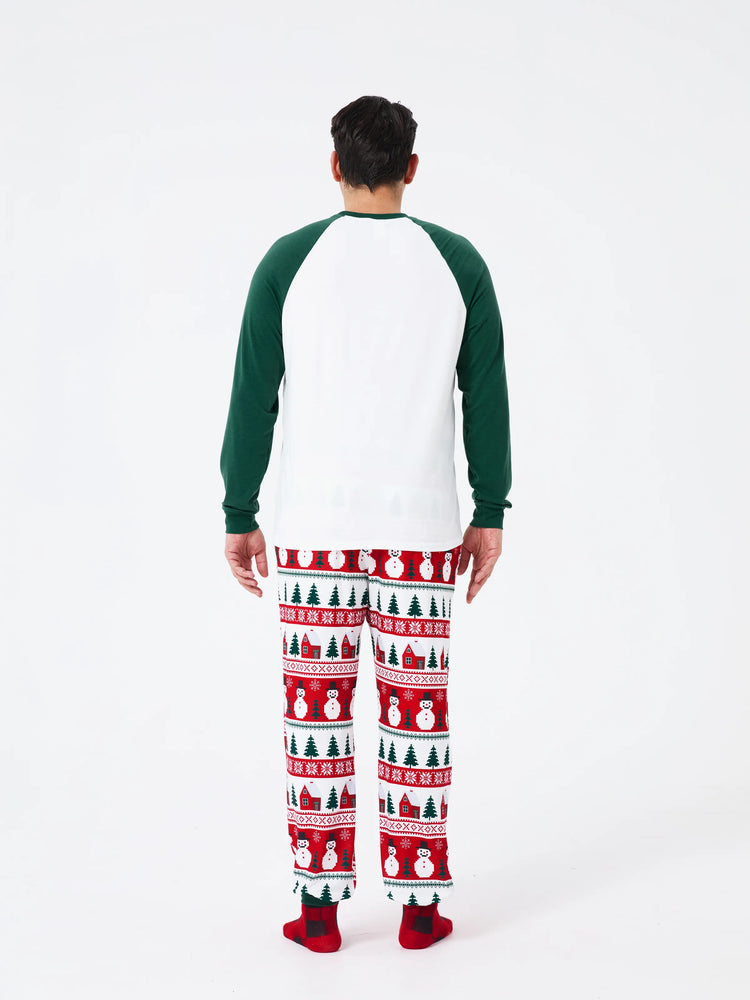 Christmas Matching Family Pajamas Set Snowman and Christmas Tree Print White PJS with Christmas Socks ( Defective Product) Dark Green