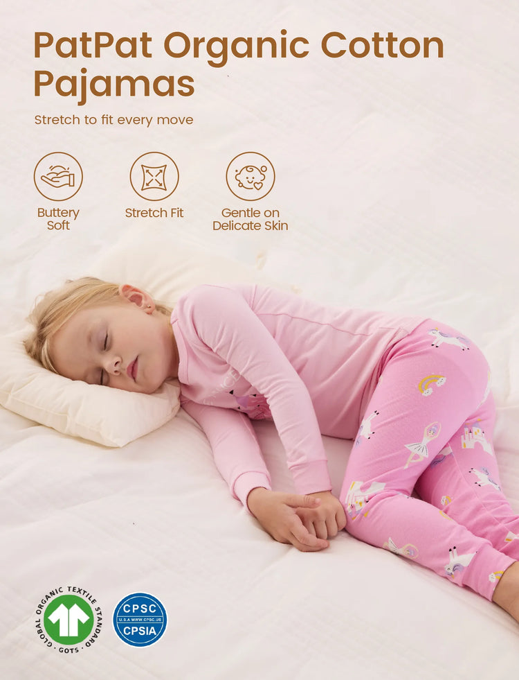 Kleinkind / Kinder 4-teiliger Pyjama aus Bio-Baumwolle 4-in-1 eng anliegendes Pajama-Set für Mädchen rosa