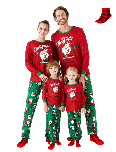 Christmas Matching Family Pajamas Set Christmas Claus and Snowman Print Long-sleeve Red and Green PJS with Christmas Socks Color block