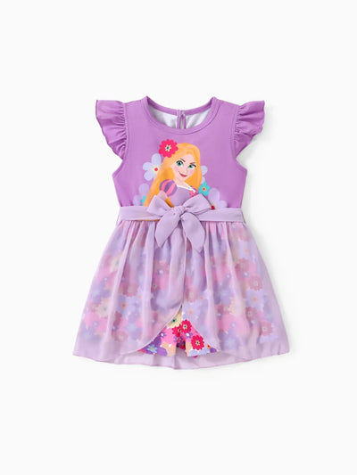 Disney Princess Rapunzel Toddler Girl Character Print Bowknot Mesh Ruffled Romper Purple