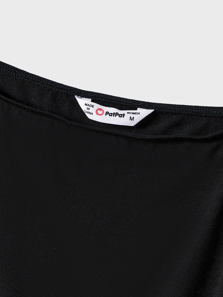 Family Matching Black-Almond Mesh Skirt and Classic Round Neck Long Sleeve Tops Sets Black