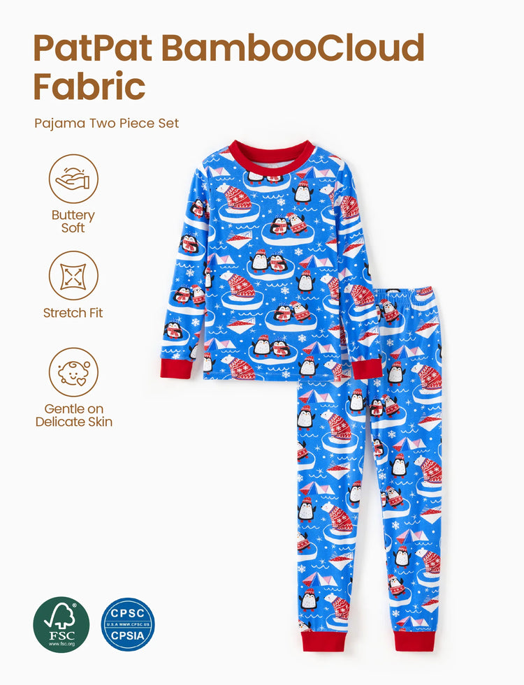 Pyjama de Noël/Halloween 2 pièces en bambou avec imprimé ludique pour tout-petits/enfants (coupe ajustée) bleu clair