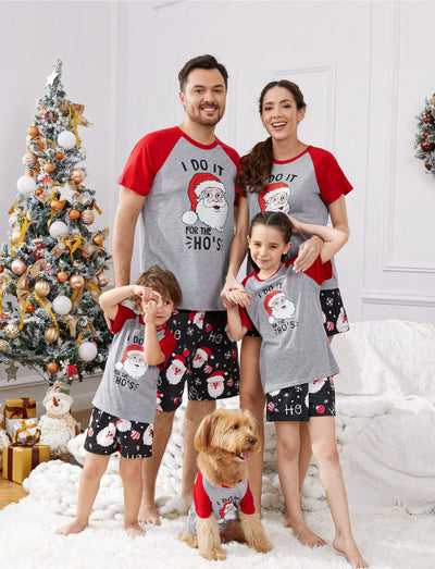 Christmas Matching Family Pajamas Set Big Santa Claus Graphic Front Short-sleeve Tops and Allover Pattern Shorts PJS Set Color block