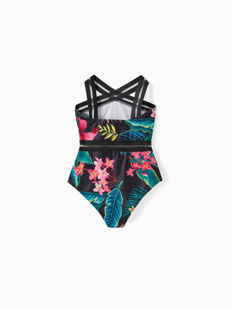 Family Matching Allover Plant Print Crisscross One-Piece Swimsuit and Swim Trunks Black