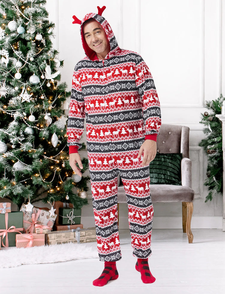 Christmas Matching Family Pajamas Set 3D Reindeer Hooded Allover Snowflake Print Onesie PJS with Christmas Socks red/black