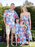 Family Matching Floral Print Short-sleeve Shirt or smocking Strap Dress Light Blue