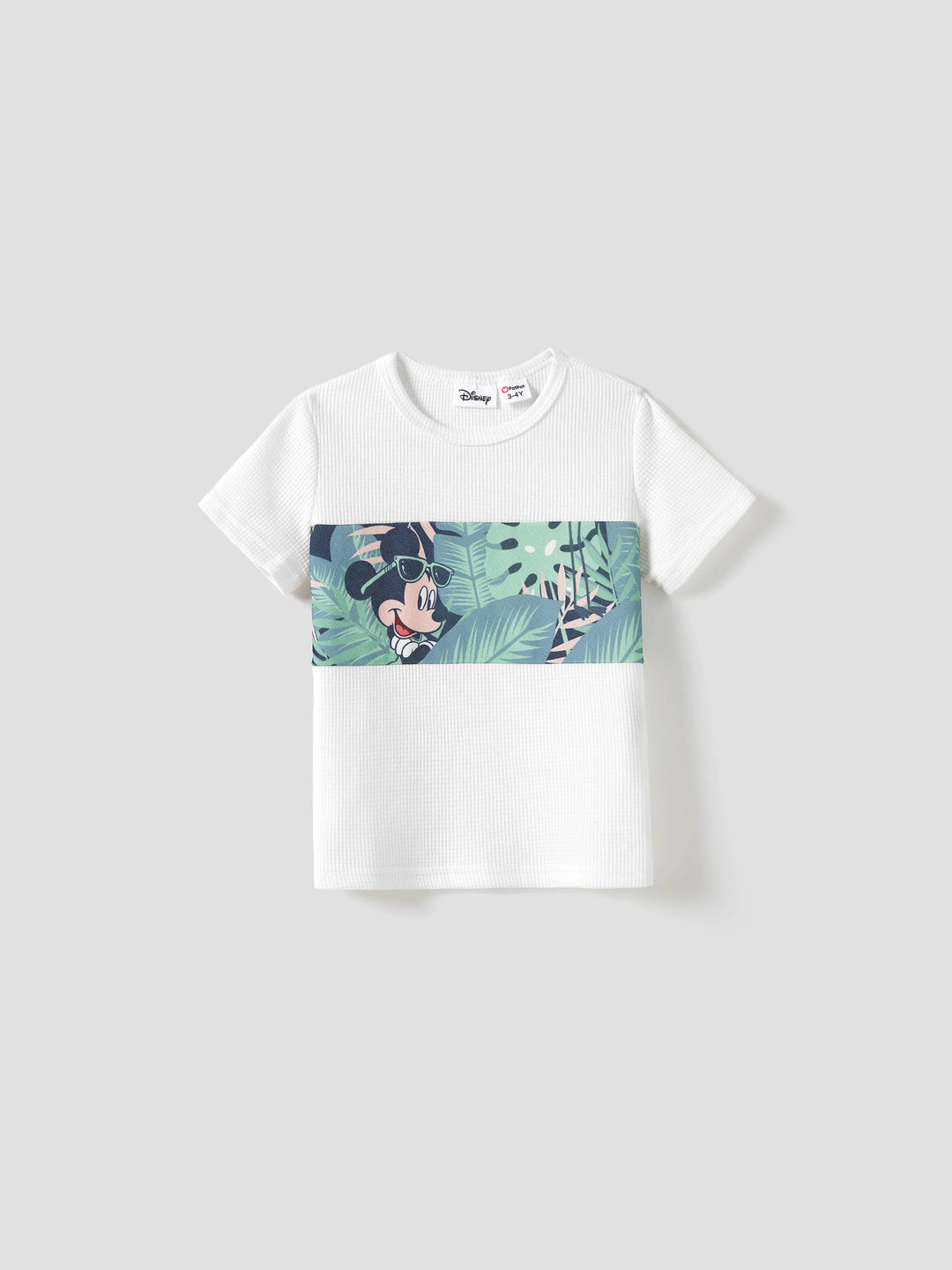 Disney Mickey and Friends Daddy & Son Tropical Botanical Print Waffle Fabric T-shirt greenwhite