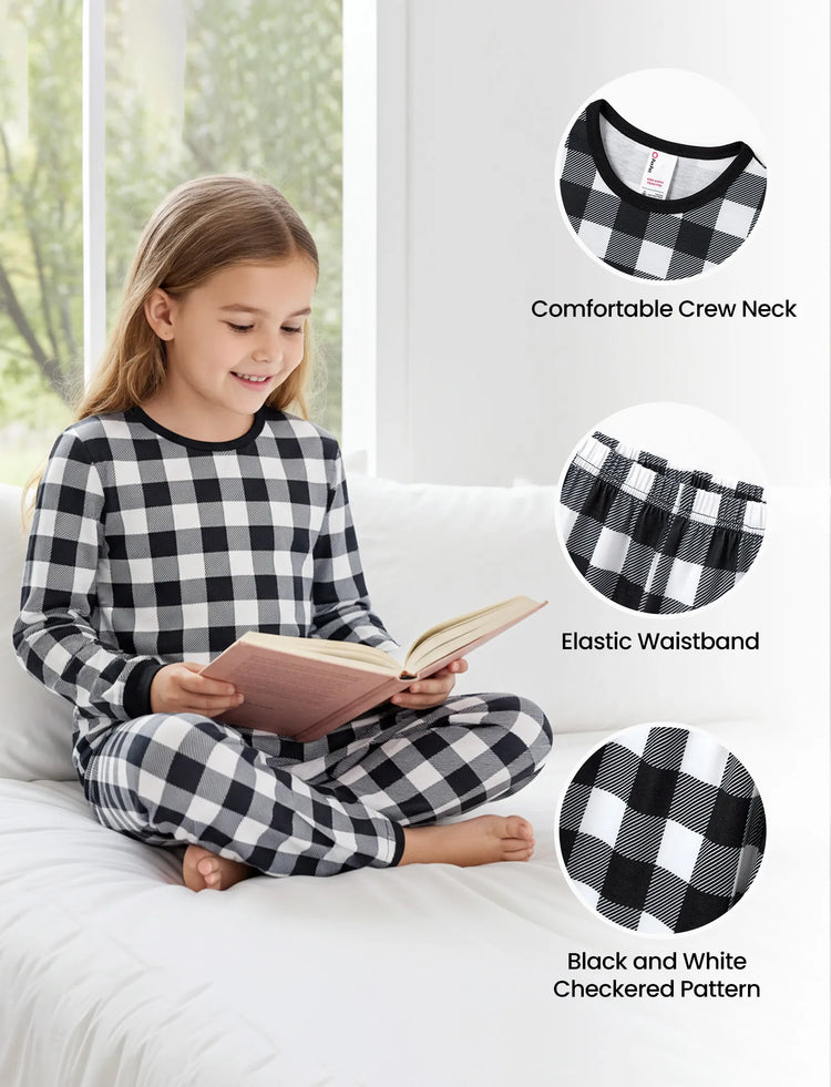 Christmas Matching Family Pajamas Set Allover Black Grid Print Long-sleeve PJS with Christmas Socks Black