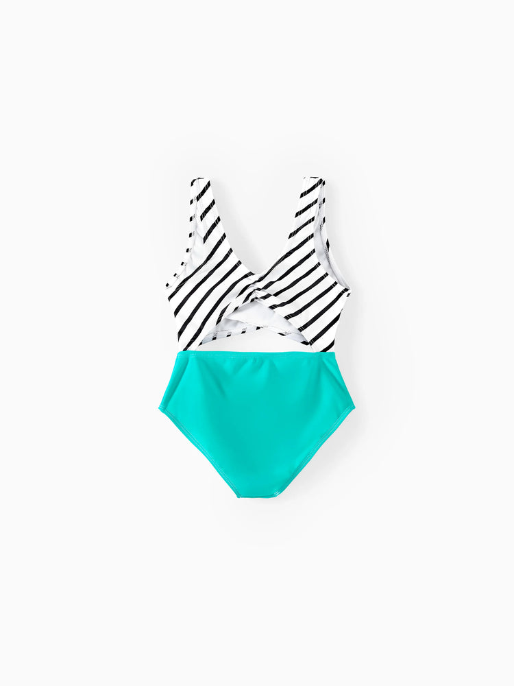 Family Matching Striped Spliced Cut Out One-piece Swimsuit and Colorblock Swim Trunks Green/White