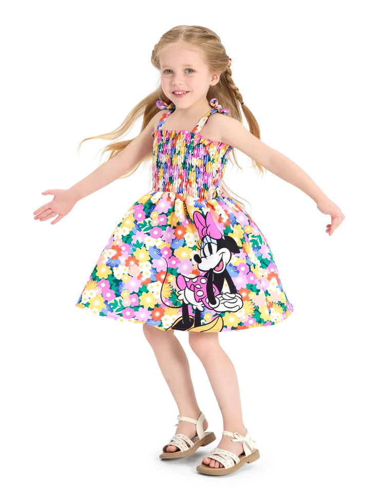 Disney Mickey and Friends Toddler Girl 1pc Minnie Floral Allover Print Bowknot Smocked Sundress Multi-color