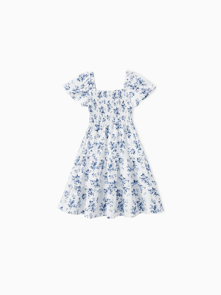 Family Matching Outfit: Floral Smocking Casual Suit BLUEWHITE