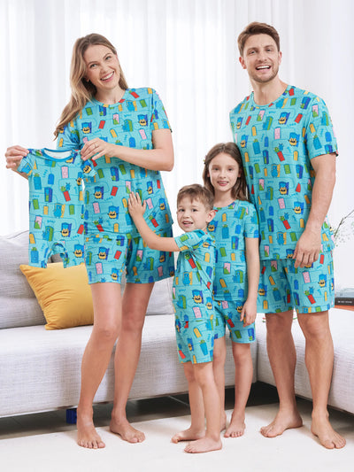 Pyjama familial en bambou imprimé dessin animé, ensemble de pyjama assorti à manches courtes (ajusté pour les enfants) vert