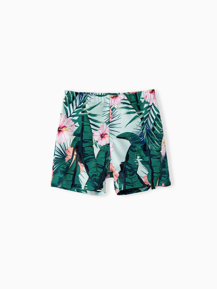 Toddler Boy Plant Print Ruffle Trim Spliced One-piece Swimsuit or Swim Trunks Green