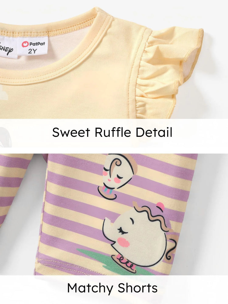 Disney Princess Toddler Girl 2pcs Naia™ Belle Print Ruffled Top with Stripped Leggings Set Yellow