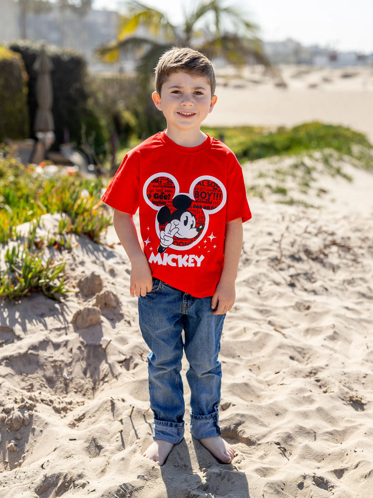 Daddy and Me Disney Mickey and Friends Family matching 1pc Mickey Mouse Graffiti Cotton T-shirt or Colorblock Dress or Naia™ Allover Romper  Red