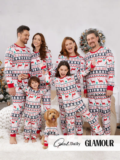 Pyjama de Noël familial à manches longues et imprimé renne avec chaussettes de Noël (certifié SGS) Rouge et blanc