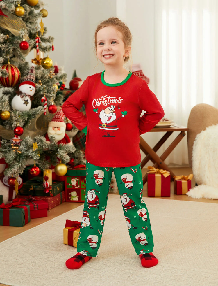 Christmas Matching Family Pajamas Set Christmas Claus and Snowman Print Long-sleeve Red and Green PJS with Christmas Socks Color block