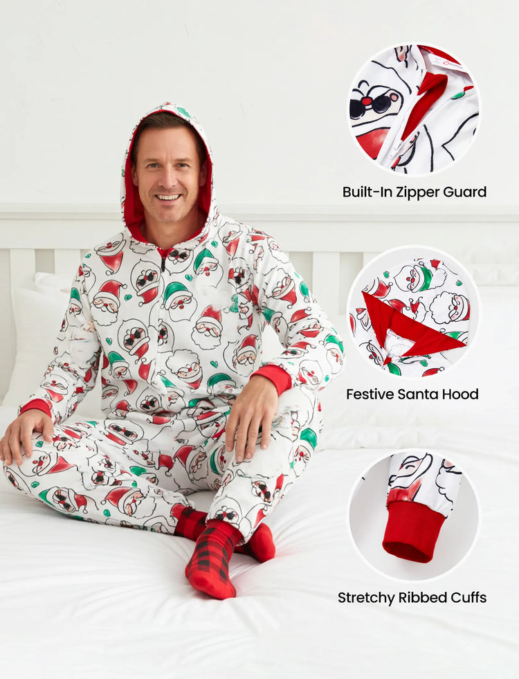 Christmas Matching Family Pajamas Set Santa Claus Allover Print Hooded Onesie PJS with Christmas Socks ColorBlock