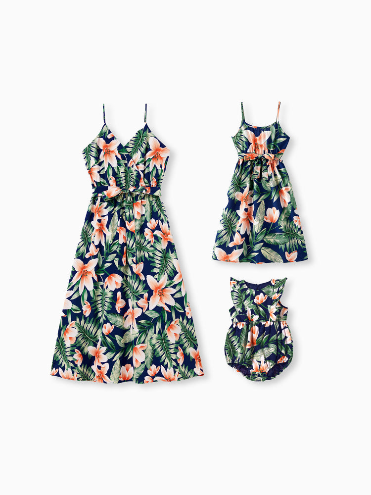Mommy and Me Family Matching Sets Floral Panel Short-sleeve T-shirts or All Over Floral Print V Neck Spaghetti Strap Midi Dresses with Hidden Snap royalblue