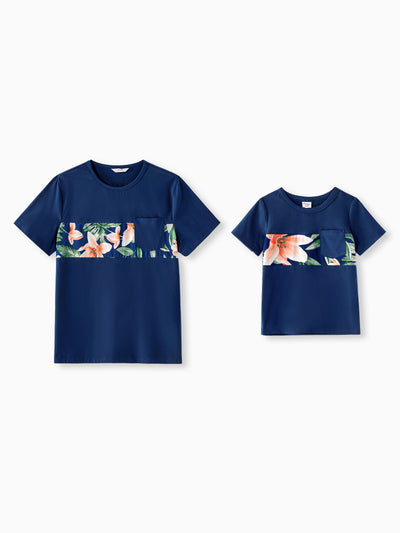 Daddy and Me Family Matching Sets Floral Panel Short-sleeve T-shirts or All Over Floral Print V Neck Spaghetti Strap Midi Dresses with Hidden Snap royalblue