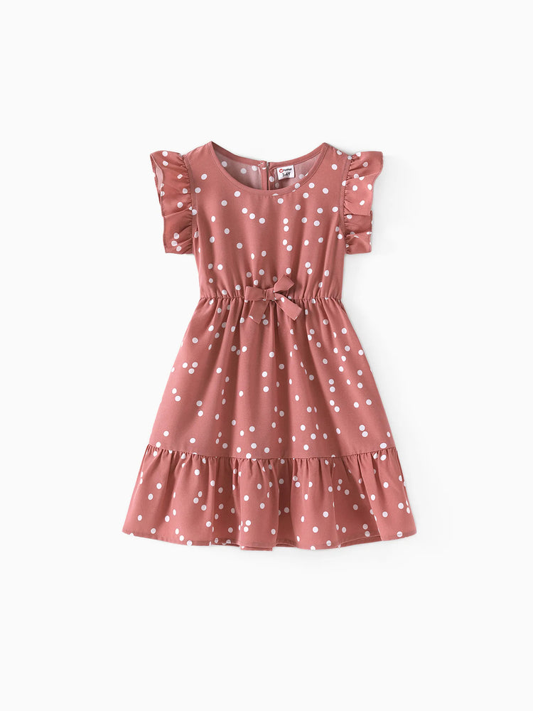 All Over Dots Pink Cross Wrap V Neck Ruffle Flutter-sleeve Dress for Mom and Me PinkyWhite