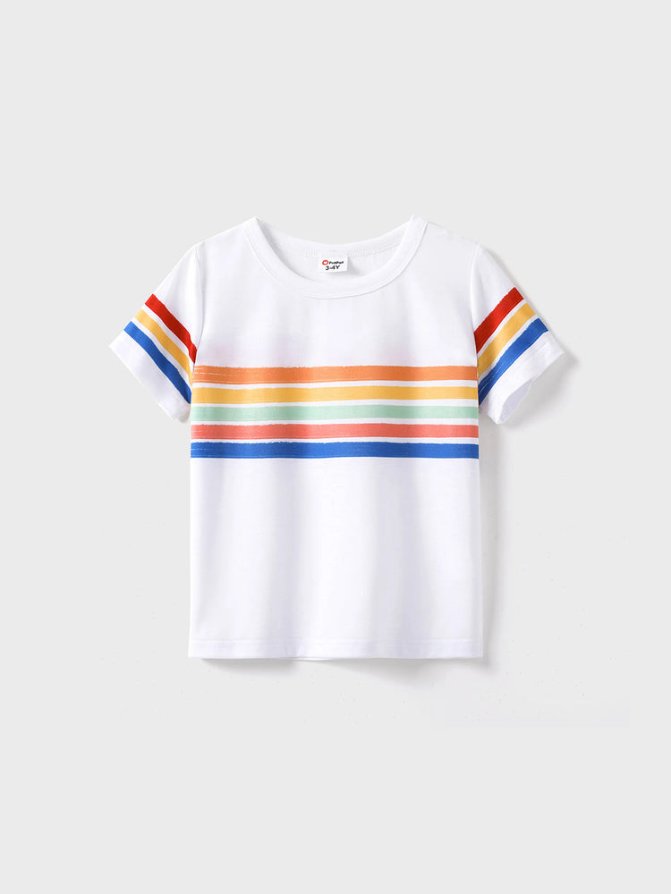 Family Matching Colorful Striped V Neck Flutter-sleeve Dresses and Short-sleeve T-shirts Sets COLOREDSTRIPES
