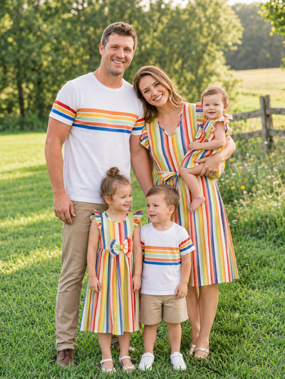 Family Matching Colorful Striped V Neck Flutter-sleeve Dresses and Short-sleeve T-shirts Sets COLOREDSTRIPES