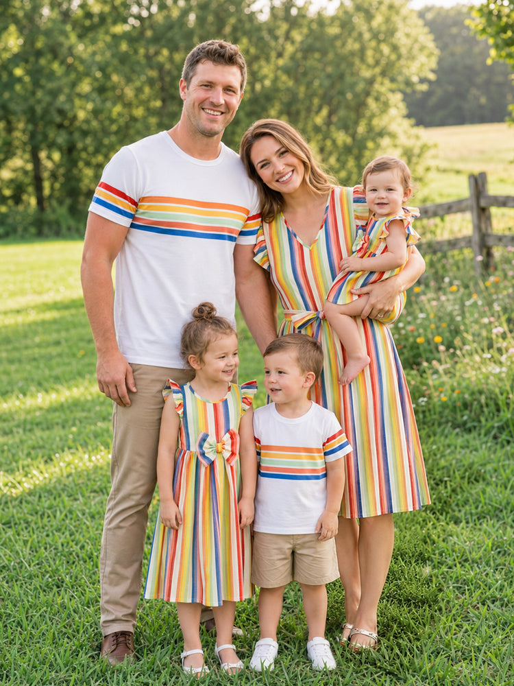 Family Matching Colorful Striped V Neck Flutter-sleeve Dresses and Short-sleeve T-shirts Sets COLOREDSTRIPES