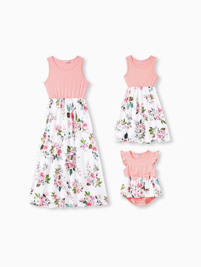 Mommy and Me Family Matching Pink Sleeveless Splicing Floral Print Midi Dresses and Colorblock Short-sleeve Polo Shirts Sets Pink