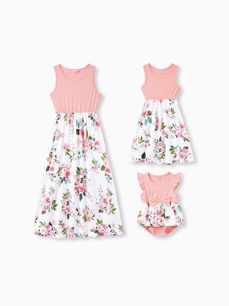 Mommy and Me Family Matching Pink Sleeveless Splicing Floral Print Midi Dresses and Colorblock Short-sleeve Polo Shirts Sets Pink