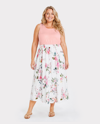 Ensembles assortis pour toute la famille : robes mi-longues roses sans manches à imprimé floral et polos à manches courtes colorblock