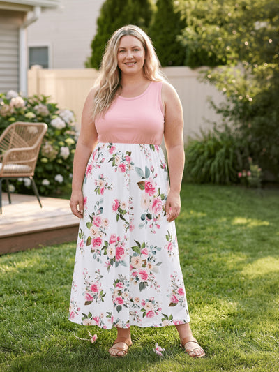 Family Matching Pink Sleeveless Splicing Floral Print Midi Dresses and Colorblock Short-sleeve Polo Shirts Sets Pink