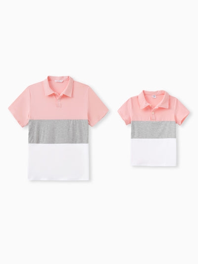 Daddy and Me Family Matching Pink Sleeveless Splicing Floral Print Midi Dresses and Colorblock Short-sleeve Polo Shirts Sets Pink